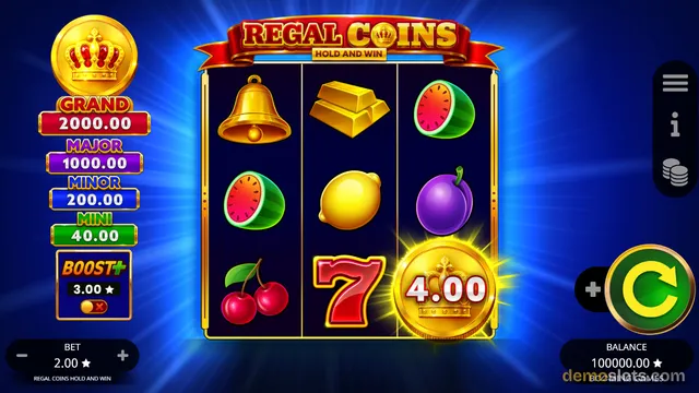 A 3x3 slot machine grid displaying various symbols including a bell, gold bars, fruit, and a coin with a win amount.