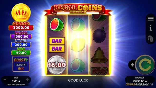 A slot machine interface showing three visible reels with various symbols, a jackpot sidebar on the left, and a large spin button on the right.