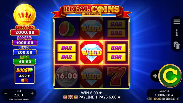 A slot game screen titled 'REGAL COINS' displays a 3x3 grid with a central diamond WILD symbol and multiple BAR symbols, alongside a jackpot meter on the left and a win message at the bottom.