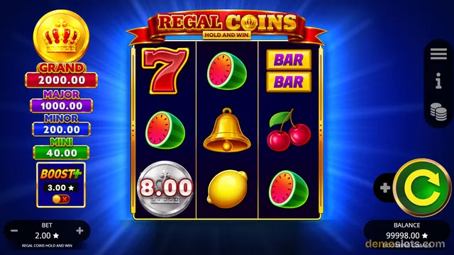 A screenshot of the 'Regal Coins Hold and Win' slot machine showing a 3x3 grid of symbols with a blue background and jackpot multipliers listed on the left.