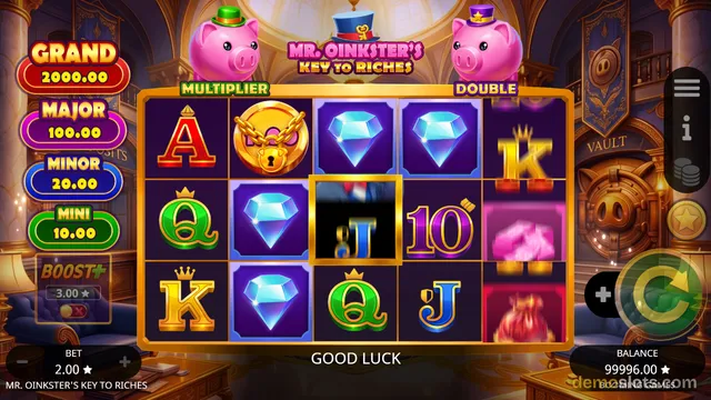 A 5x3 slot game grid titled MR. OINKSTER'S KEY TO RICHES is fully rendered, showing a mix of letters, diamonds, and a golden padlock symbol.