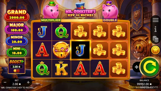A 5x3 slot grid titled MR. OINKSTER'S KEY TO RICHES displays letters and coin symbols, with two pink pig characters above the reels and jackpot values on the left.
