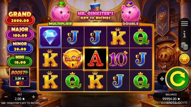 A 5x3 slot game grid titled Mr. Oinkster's Key to Riches shows symbols including a diamond, a golden piggy bank with a lock, and royal letter symbols, with jackpot values listed on the left side.