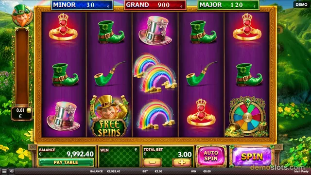 A 5-reel slot game titled Irish Party shows a settled base-game grid with symbols like rings, boots, hats, pipes, rainbows, a free spins logo, and a bonus wheel, with a purple background and gold frame.