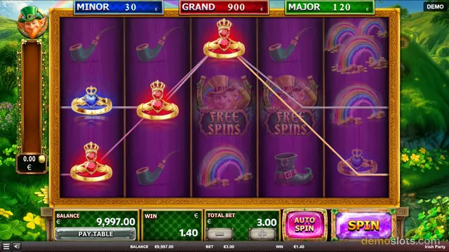 A 5-reel slot game with an Irish theme shows a winning combination of crowned rings connected by colored lines, with a payout of 1.40 euros displayed.