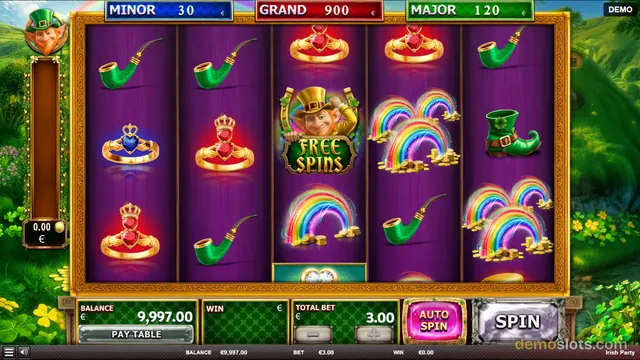 A 5x3 slot game grid with Irish-themed symbols, showing a Free Spins scatter symbol in the center reel and jackpot labels above the reels.