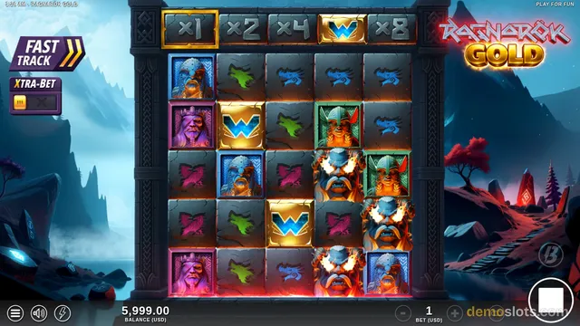 Ragnarok Gold continuing to show same Norse symbols with pharaoh faces, dragons, golden W wild, and explosion animations.