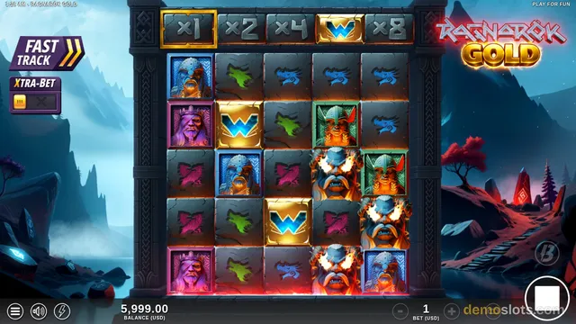 Ragnarok Gold displaying Norse symbols including pharaoh faces, dragons, golden W wild, and explosion effects indicating winning combinations.