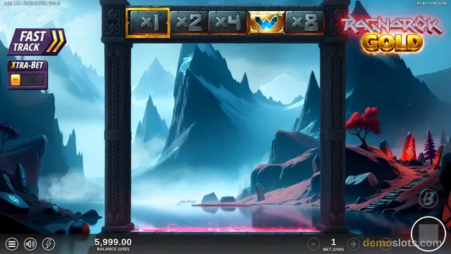Ragnarok Gold Norse-themed slot showing multiplier symbols (x1, x2, x4) and a special gold star symbol above the reels.