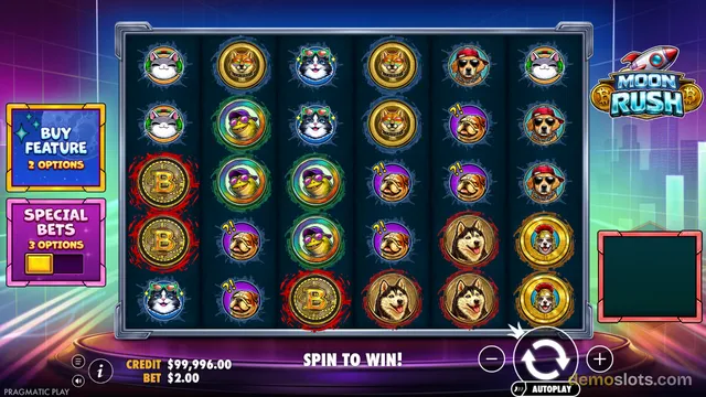 A fully rendered slot game grid showing animal symbols on a 6 by 5 layout with a purple and blue background.