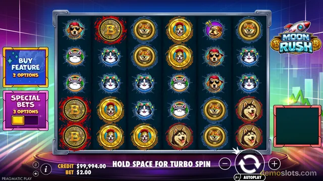 A 6-reel, 5-row video slot game titled Moon Rush featuring cartoon animals on a dark blue grid.