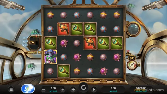 A steampunk-themed slot game grid displaying a completed spin result with a 6x5 layout of symbols.