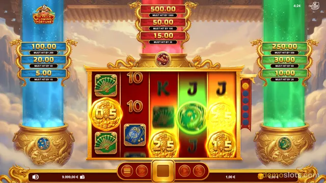 A slot game titled Koi Falls Flowing Fortune shows a 5x3 grid with colorful symbols and three jackpot pillars on either side.