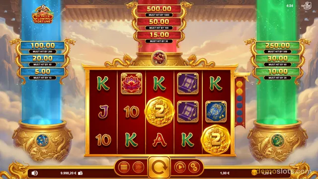 A settled 5x3 slot grid with gold coins and Asian-themed symbols, flanked by three colored pillars with prize ladders.