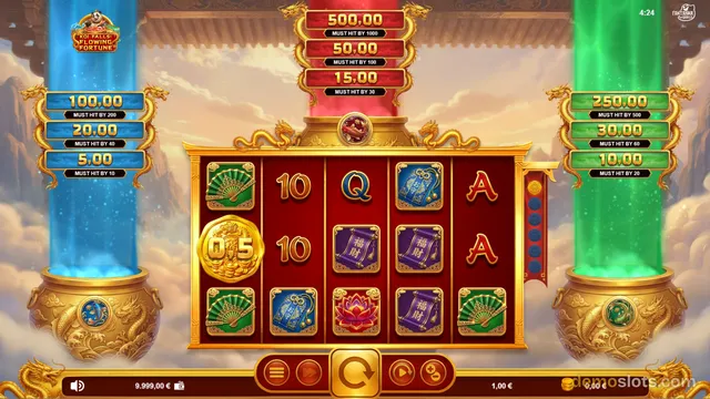 A slot game showing a 5x3 grid with gold-framed symbols including a coin, fans, and card letters, flanked by three colorful jackpot columns labeled with prize amounts.