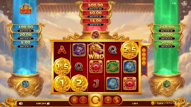 A 5x4 slot game grid with gold and red symbols, flanked by three vertical columns of jackpot prizes.