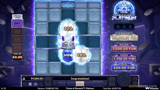 A slot game grid shows a central hold-and-spin feature with three glowing coin symbols, while the surrounding grid is mostly empty with a few triangle symbols.