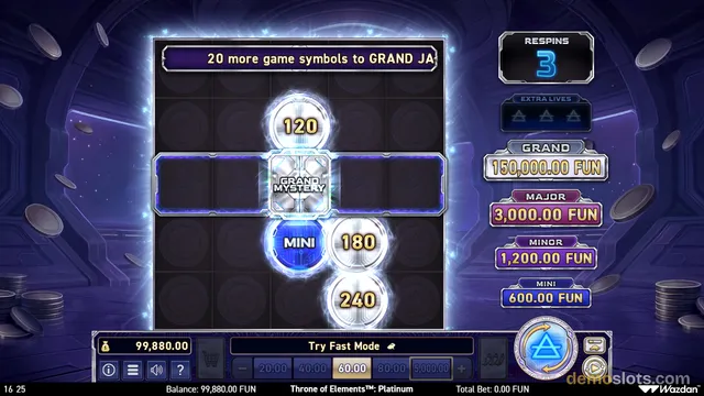 A slot game grid with glowing circular symbols in the center and a dark background with floating coins.