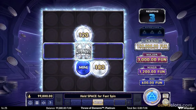 A slot game grid shows a central cluster of glowing coins with values 120, 180, and MINI, surrounded by dark empty cells, with a respins counter at 3 and jackpot prizes listed on the right.