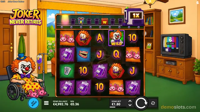 A slot game titled 'Joker Never Retires' displays a 5x4 grid of symbols including a joker, pigs, and blood bags set against a living room background.