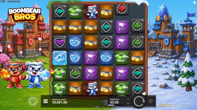 A 6x6 grid slot game titled Boombear Bros shows a full board of symbols including bears, gems, and armor pieces, with two cartoon bears standing below the reels.