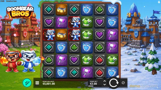 A 6x6 slot grid titled Boombear Bros shows cartoon bear characters and various gem and armor symbols, with a buy bonus button and demo balance displayed below.