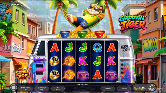 A 5-reel slot game titled Groovin' Tiger shows a cartoon tiger relaxing in a hammock above a silver van that serves as the reel grid, with symbols including letters, gold 77s, and a boombox.