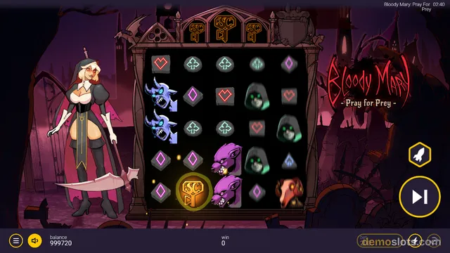 A dark-themed slot game interface displaying a 5x4 grid of gothic symbols including demons, ghosts, and hearts, with a nun character on the left and a play button on the right.