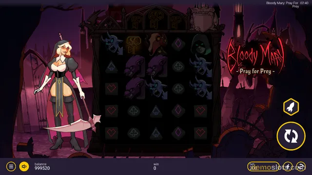 A dark gothic slot game titled Bloody Mary: Pray For Prey showing a 5x5 grid of symbols including demons and card suits, with a female character standing to the left.