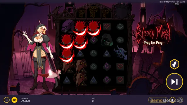 A dark, gothic-themed slot machine game titled 'Bloody Mary - Pray for Prey' is displayed with a 5x3 grid of symbols and a female vampire character standing to the left.