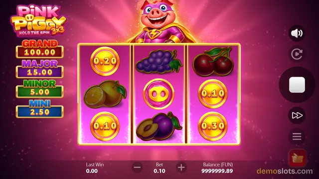 A 3x3 slot game grid displays various symbols including coins, fruits, and a pig icon, with a superhero pig character above the reels and a pink background.