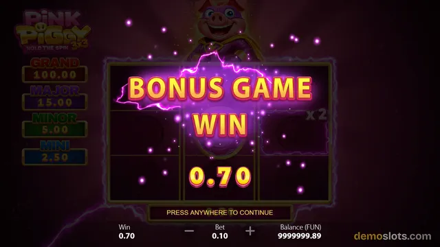 A slot game screen displaying a 'BONUS GAME WIN' overlay with a value of 0.70 and a 'PRESS ANYWHERE TO CONTINUE' prompt over a dark background.