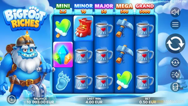 A screenshot of the Bigfoot Riches slot game showing a 5 by 3 grid of symbols with a large blue Bigfoot character on the left side.