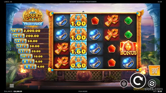 A 5x4 slot game titled Desert Scarabs Prizetower shows a desert-themed reel grid with a golden winged scarab symbol stacked in the center column and a bonus mask symbol on the right.