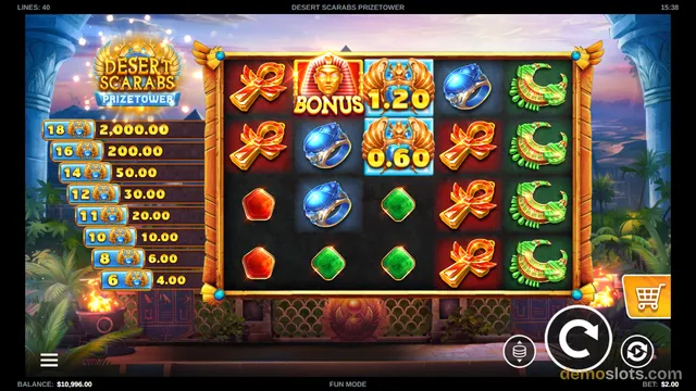 A 5x4 slot game grid titled Desert Scarabs Prizetower shows Egyptian-themed symbols with a bonus win overlay.