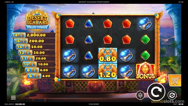 A slot game titled Desert Scarabs Prizetower shows a 5x4 grid of gem and scarab symbols with a prize ladder on the left and spin controls at the bottom.