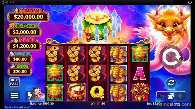 A fully rendered slot game screen showing a 5x3 grid of symbols with a large dragon character and a drum display above the reels.