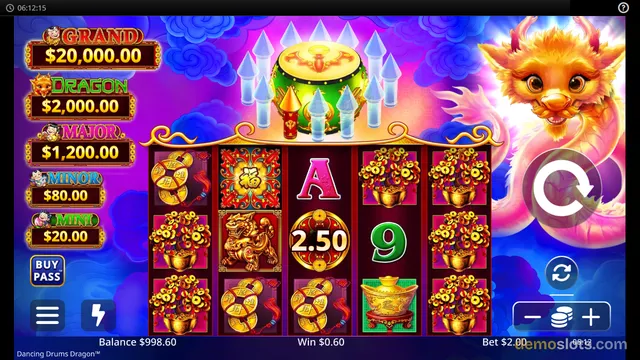 A brightly rendered slot game screen showing a 5x3 grid of symbols with a large dragon character on the right and a prize table on the left.
