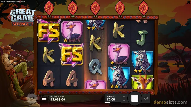 A settled 5x3 slot grid with a safari theme, showing a mix of letter symbols and animal tiles.