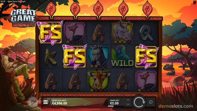 A slot game grid with 5 reels and 3 rows showing a mix of letter symbols, animal symbols, and FS bonus symbols on a safari-themed background.