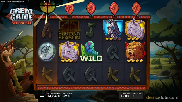 Great Game Serengeti slot game showing a 5x3 grid with a safari theme, featuring animal symbols and a hunter character on the left side, with a total win of €5.00 displayed at the bottom.