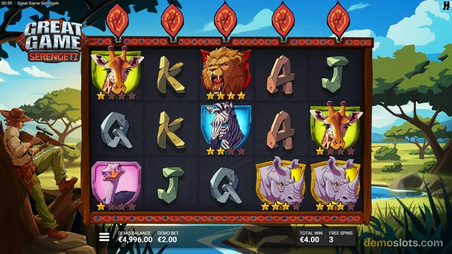 A 5x3 slot grid showing African savanna animal symbols with a hunter character on the left and a free spins counter above the reels.