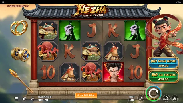 A settled 5x3 slot grid titled Nezha Triple Powers displays a mix of character symbols and card ranks with a balance of 994.70 and bet of 3.00.