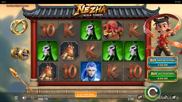 A settled 5x4 slot grid titled Nezha Triple Powers shows a mix of character symbols and letter/number symbols, with a balance of 988.70 and a bet of 3.00.