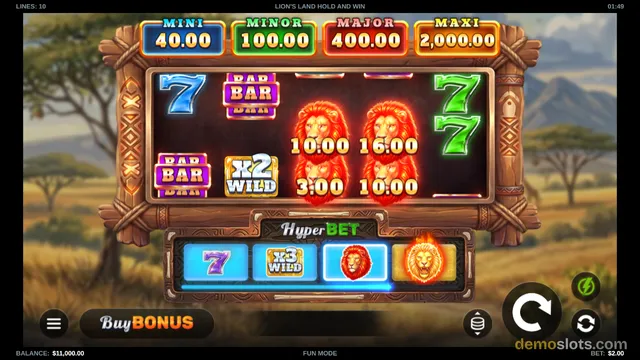 A slot game screen titled 'LION'S LAND HOLD AND WIN' displays a 5x3 grid with lions, bars, and sevens, along with a 'Hyper BET' feature bar and win multipliers at the top.