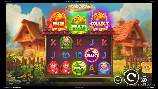 A slot game screen showing a 5x3 grid of symbols with a farmhouse background and a '4 POT PIGGY SNATCH HOLD AND WIN' header.