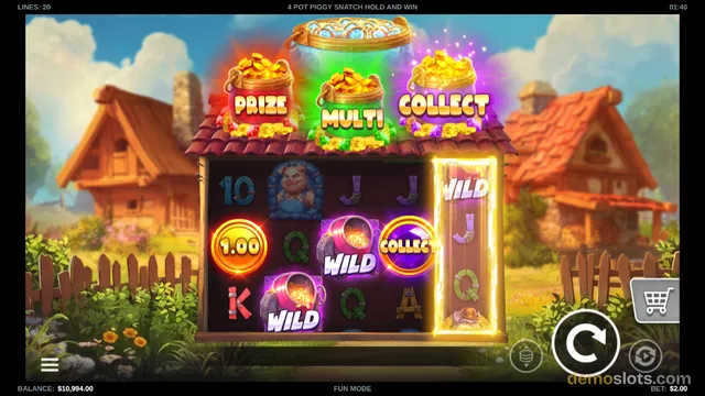 A slot game screen showing a 5x3 grid of symbols on a dark brick house background with a countryside scene, featuring a pig character, coins, and wild symbols.