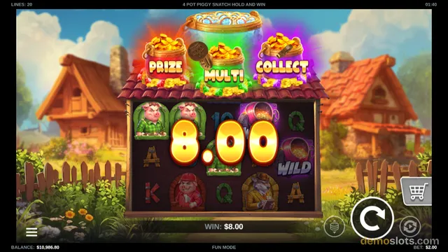 A slot game screen showing a 4x3 grid of symbols with a large 8.00 win overlay and a rural farm background.