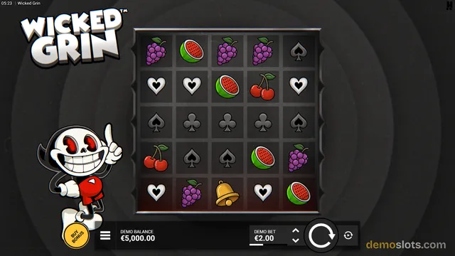 A 5x5 slot game grid titled Wicked Grin displays various fruit and card symbols, with a cartoon character standing to the left and a spin button at the bottom.