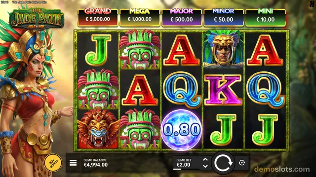 A 5-reel slot game titled The Jade Path Hold & Win shows a full grid of symbols including J, A, Q, K, green masks, a red mask, and a glowing orb with 0.80, with jackpot values displayed above.